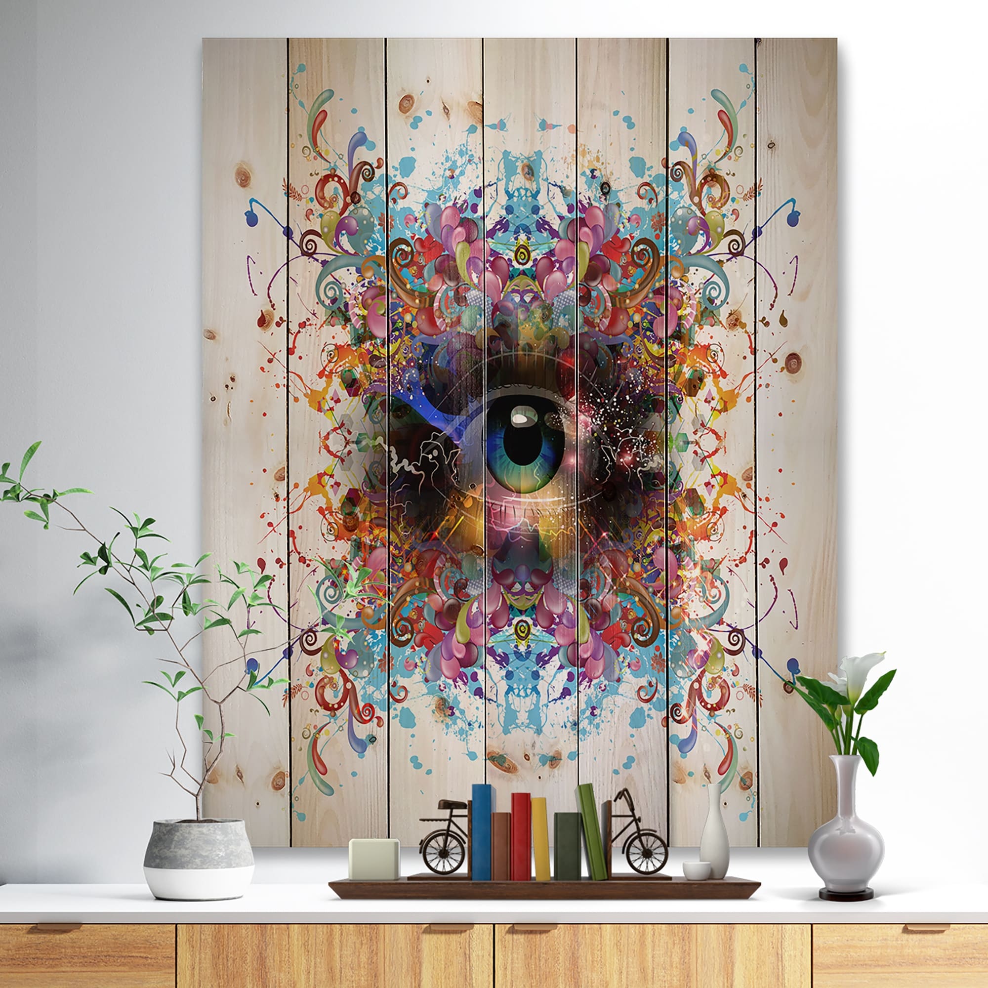 Designart 'Magic Eye with Flowers' Animal Print on Natural Pine Wood Blue  Bed Bath  Beyond 23107475