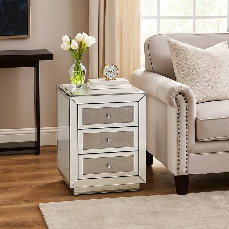 3 Drawer Mirrored Accent Table with Faux Diamond Inlay, Silver