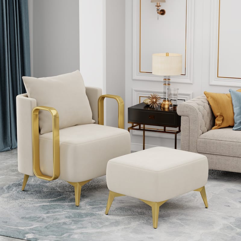 Accent Chair with Ottoman, Upholstered Modern Faux Leather Single Sofa Side Chair,Comfy Barrel Club Living Room Armchair - Beige