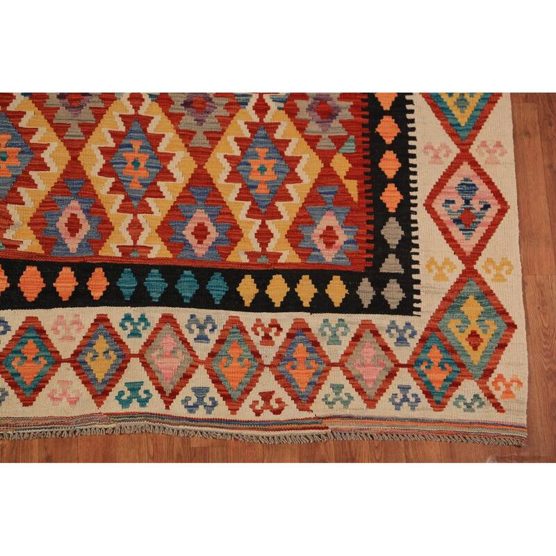 Geometric Kilim Reversible Area Rug Hand-Woven Orange Wool Carpet - 8'3"x 11'0"
