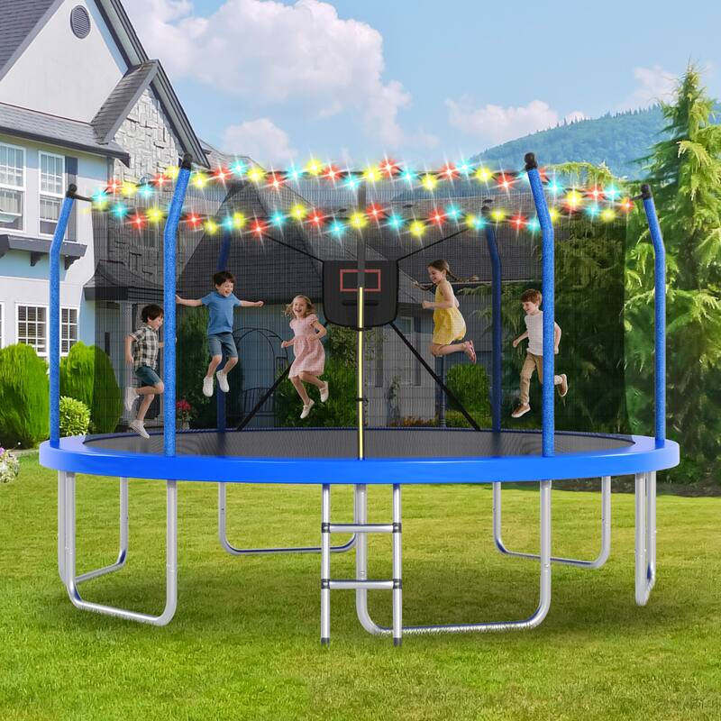16FT Trampoline with Lights and Basketball Hoop, Outdoor Recreational 16" Trampoine for Kids and Adults - Blue