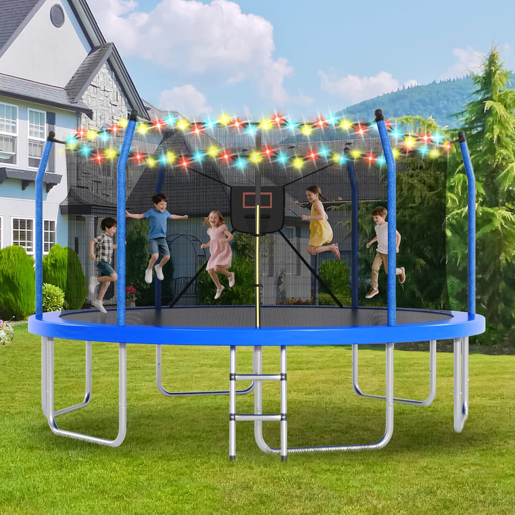 16FT Trampoline with Lights and Basketball Hoop, Outdoor Recreational 16" Trampoine for Kids and Adults