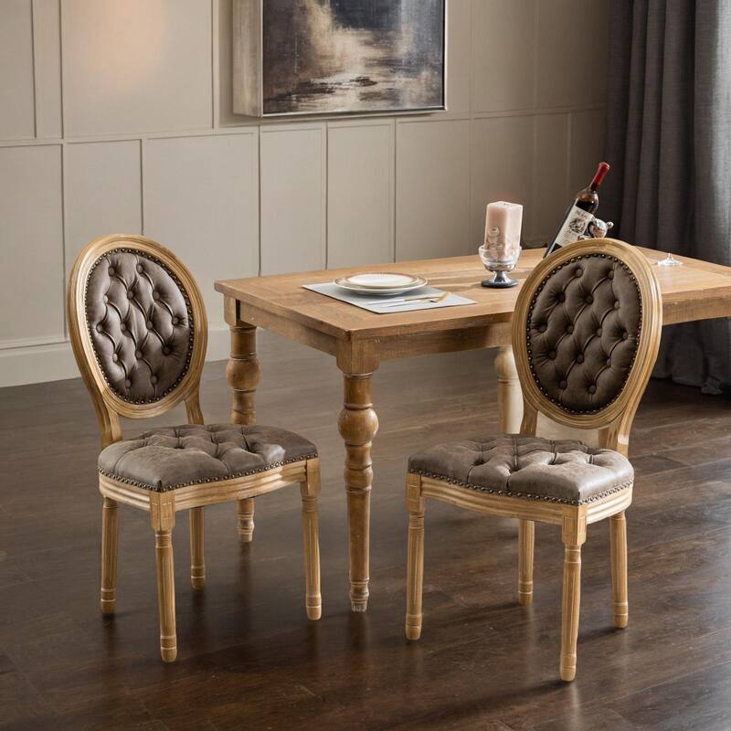 Solid Wood Frame Antique Painting,Hand-pulled buckle decoration PU artificial leather Dining Chair with Nailhead Trim - Brown