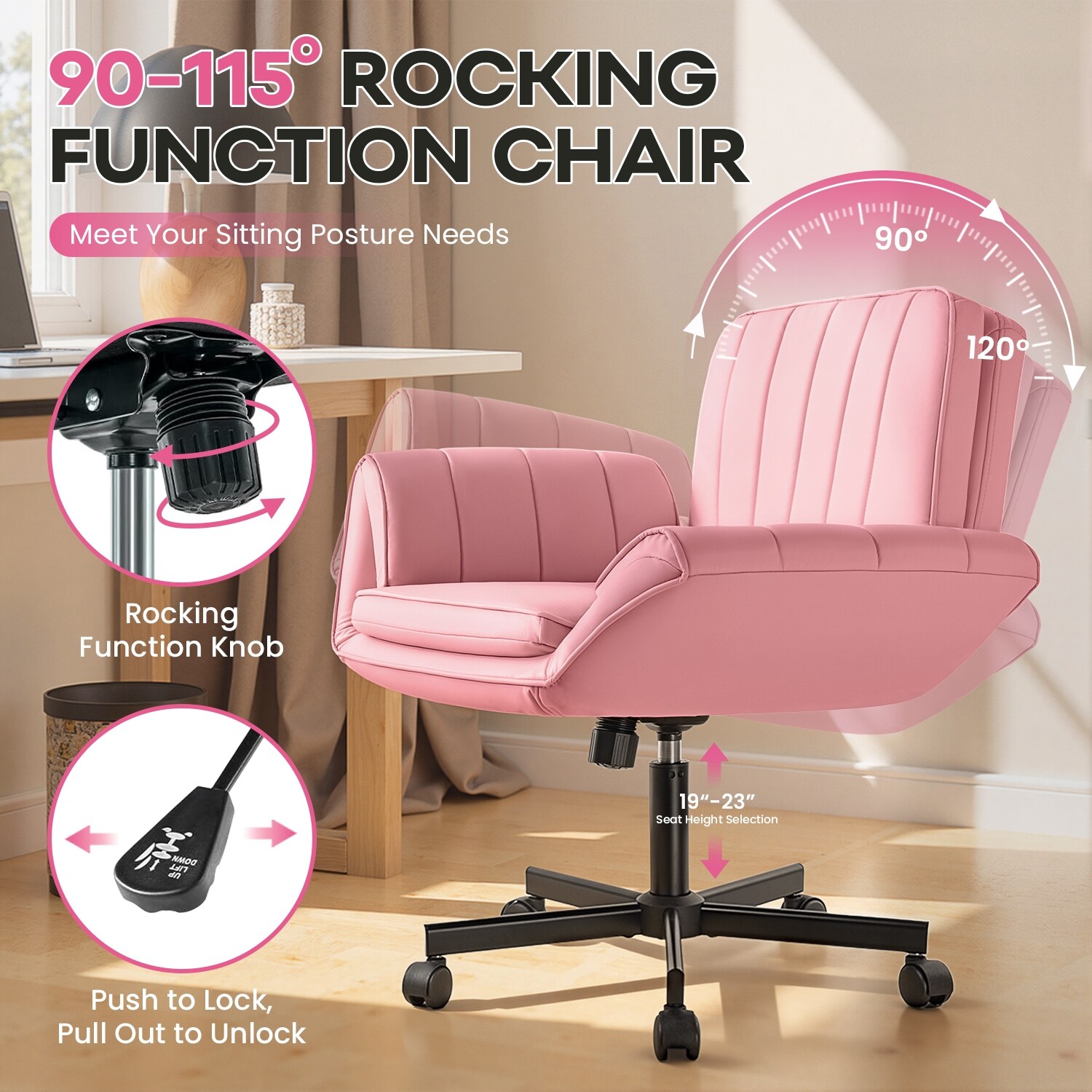 Criss Cross Chair With Wheels, Wide Seat Home Office Desk Chair, Armless Swivel Makeup Vanity Chair, Computer Task Chair For Home Office, Pink
