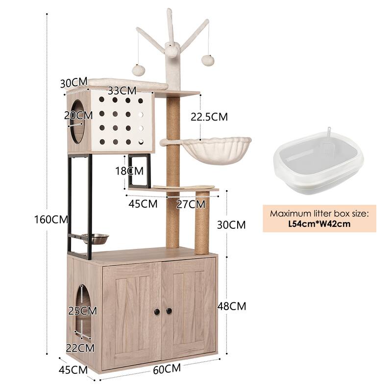 Cat Tree with Litter Box Enclosure - Modern Cat Condo with Scratching Posts, Feeding Bowl & Removable Pompom Sticks - White+gray