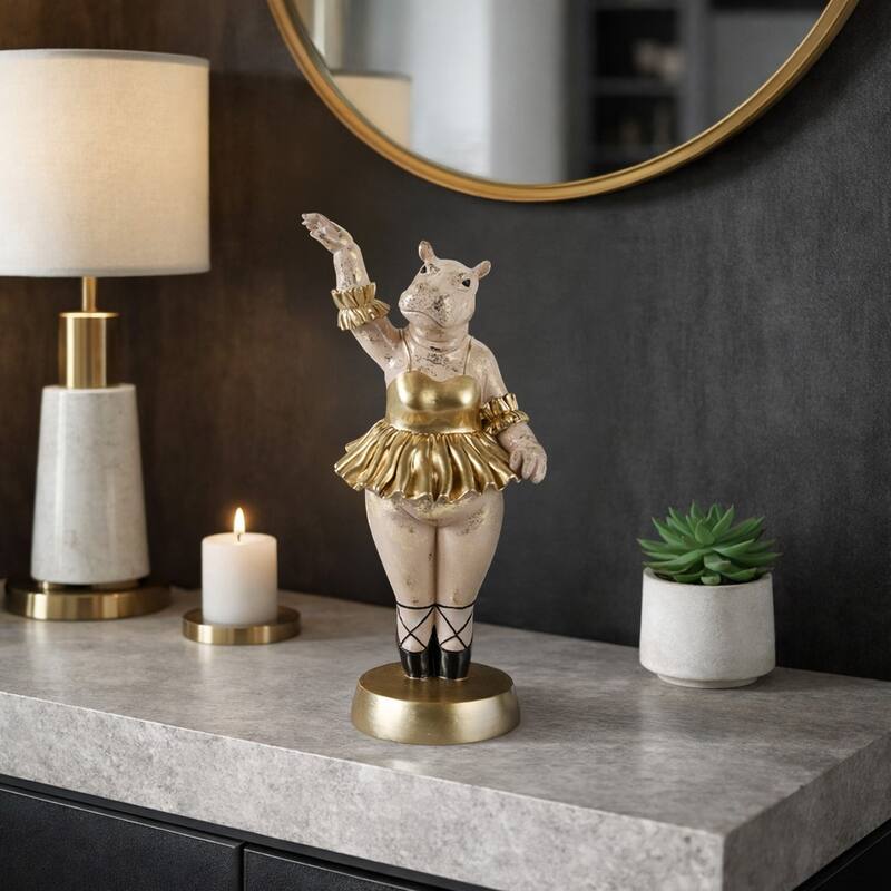 Decorative Ballerina Resin Hippo Figurine with Base - 16", Gold & Gray - 15.75"