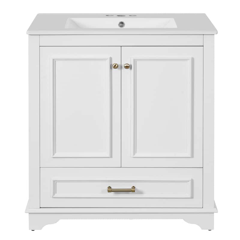 30" Luxurious Bathroom Vanity, Ceramic Sink with 2 Soft-Close Doors - White
