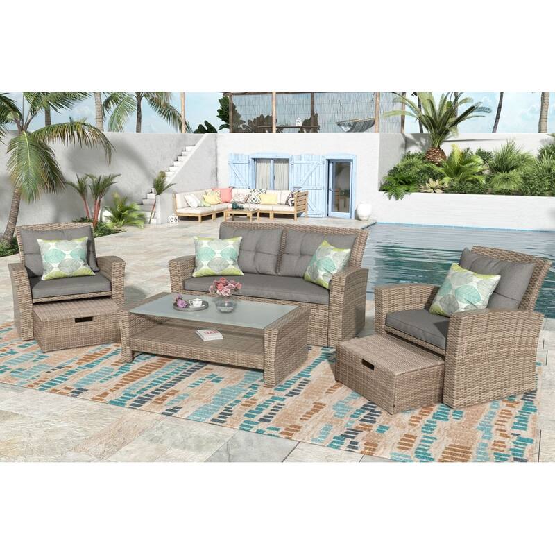 4 Pieces Outdoor Conversation Set All Weather Wicker Sectional Sofa with Ottoman