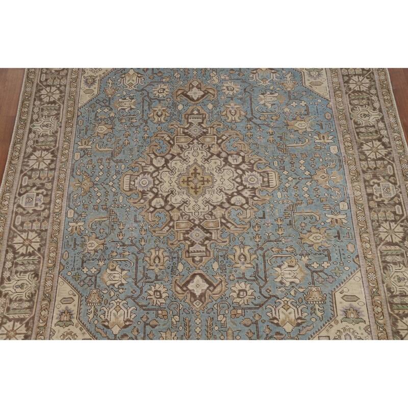 Hand Knotted Oriental 100% Wool Carpet Traditional Medallion Navy Blue & Blues Tabriz Area Rug - 9' 5'' X 6' 7''