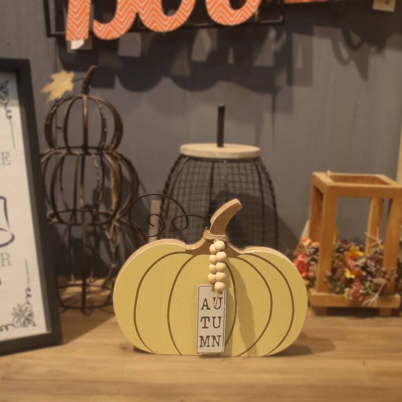 Pumpkin Sign Decoration with Wooden Beads Garland, Yellow