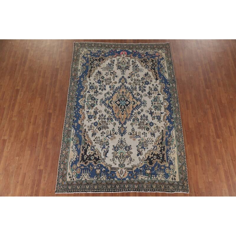Hand Knotted Oriental 100% Wool Carpet Traditional Medallion Beige & Ivories Hamedan Area Rug - 9' 11'' X 6' 7''