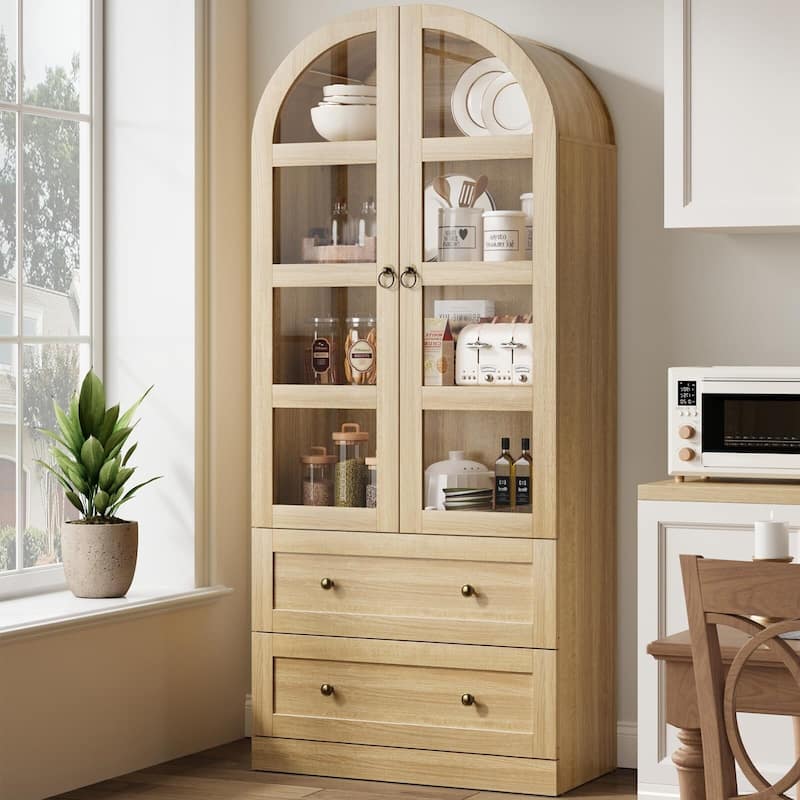 Kitchen Pantry Cabinet, 72" Tall Arched Kitchen Pantry Storage Cabinet, Wood Versatile Rustic Cupboard with Drawers