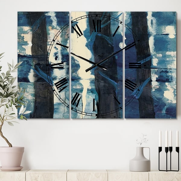 slide 2 of 6, Designart 'Deep Woods II Indigo' Cottage 3 Panels Oversized Wall CLock - 36 in. wide x 28 in. high - 3 panels
