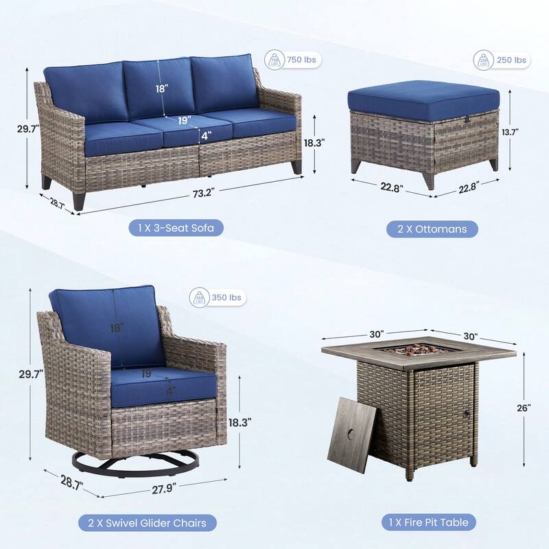 Pocassy Outdoor Swivel Chair with Sofa with Fire Pit Table