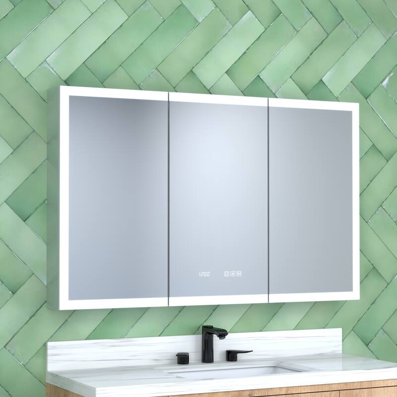 GDFStudio - Delmar Modern Aluminum LED Lighted Medicine Cabinet with Mirror Anti Fog and Digital Clock