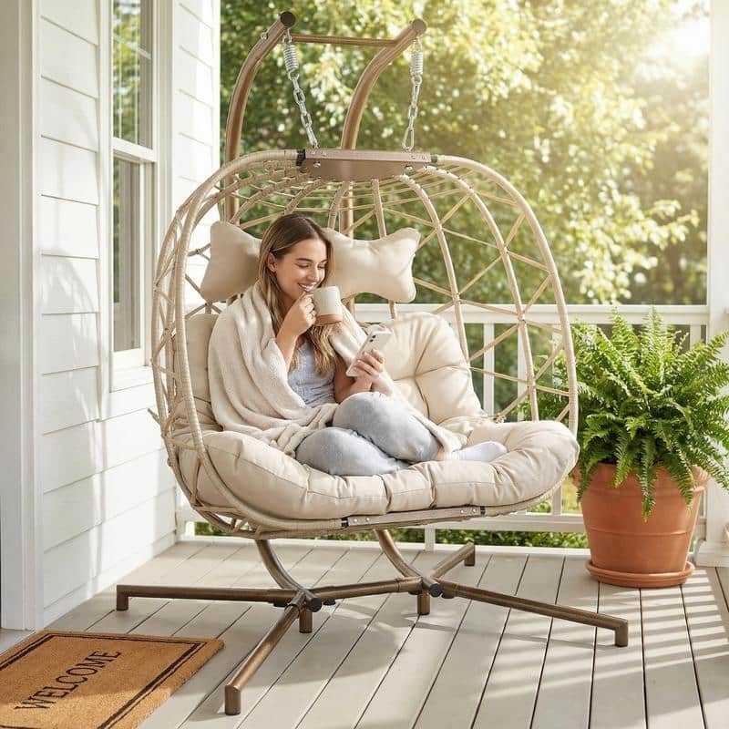 Oversized Outdoor Double Swing Egg Chair, 700 lbs Capacity 2-Person Hanging Egg Chair Swing with Cushion