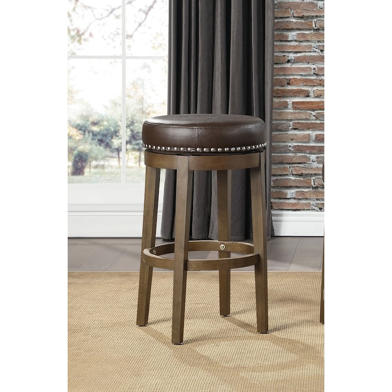 2-Piece Round Swivel Bar Stool Set - Brown Faux Leather with Nailhead Trim & Brown Frame