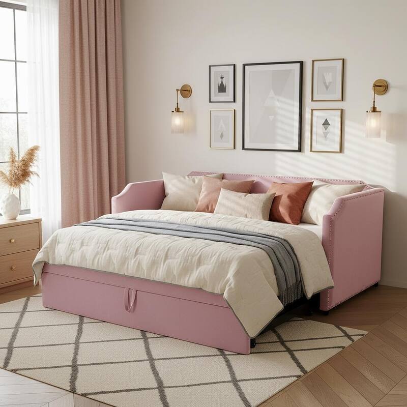 Velvet Twin Daybed with Elevating Pop-Up Trundle & Nailhead Trim by Harper&Bright Designs