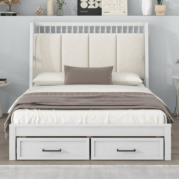 slide 2 of 12, Full Platform Kids Bed Frame with Upholstered Headboard & Drawers, White White - Full