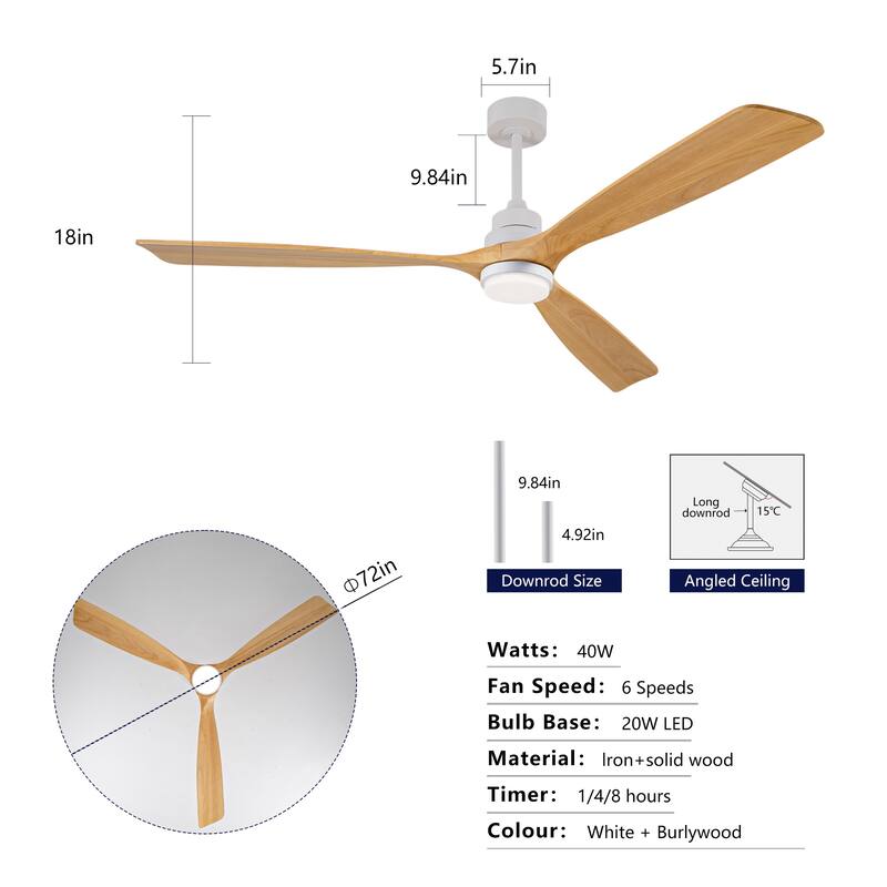 72 Inch Modern Ceiling Fan With 3 Color Dimmable 3 Solide Wood Blades Remote Control Reversible DC Motor With LED Light