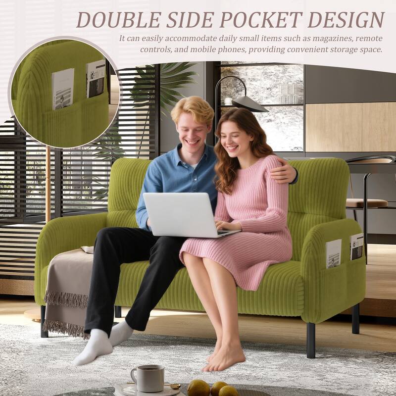 Corduroy Foam Upholstered Loveseat Couch Ergonomic Lounge Sofa with Side Pockets and Solid Wood Frame Soft 2 Seater Sofa