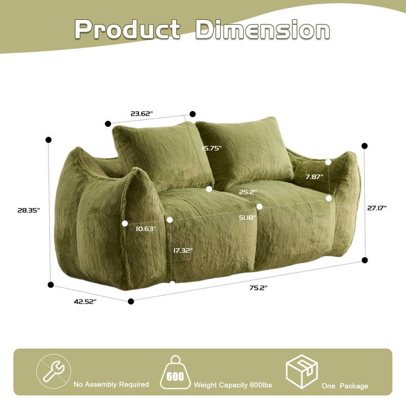 Fabric Upholstered Oversized Chase Lounge Loveseat Bean Bag Lazy Sofa with 2 Pillows