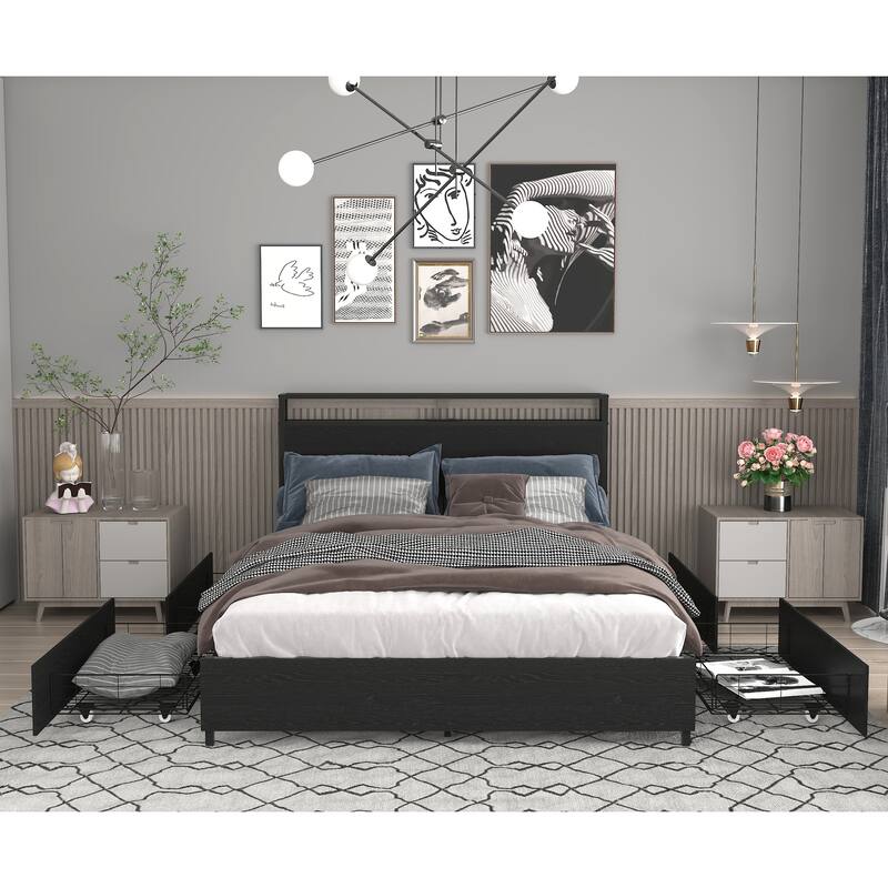 King Size Platform Bed with LED Lights And Charging Station , 4 Drawers, RGB Headboard Lighting, USB Ports - Black