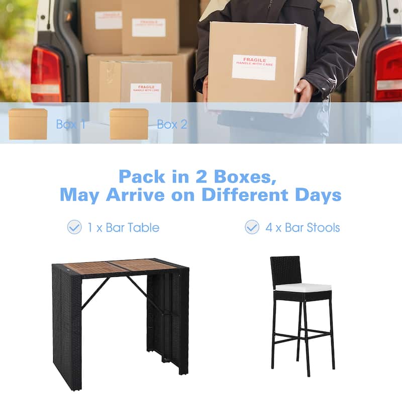 Costway 5-Piece Patio PE Wicker Bar Set Outdoor Acacia Wood Dining - See Details