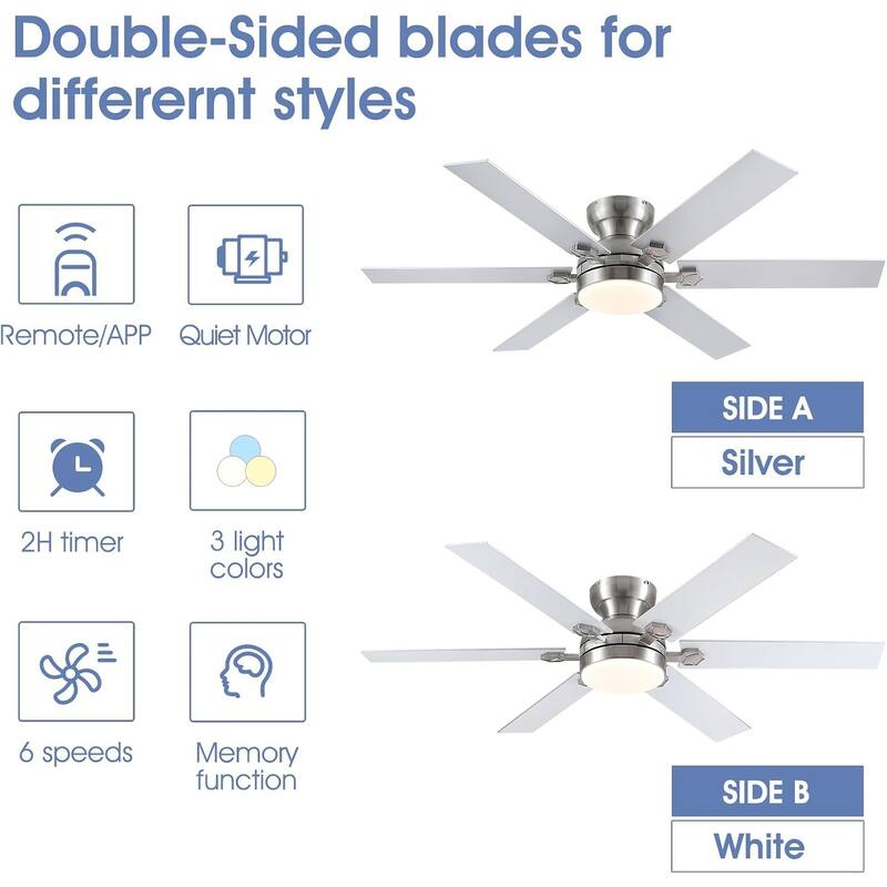 46/52 inch Flush Mount Ceiling Fan with Light,Remote and APP Control,6 Dual Side Blades,Reversible DC Motor