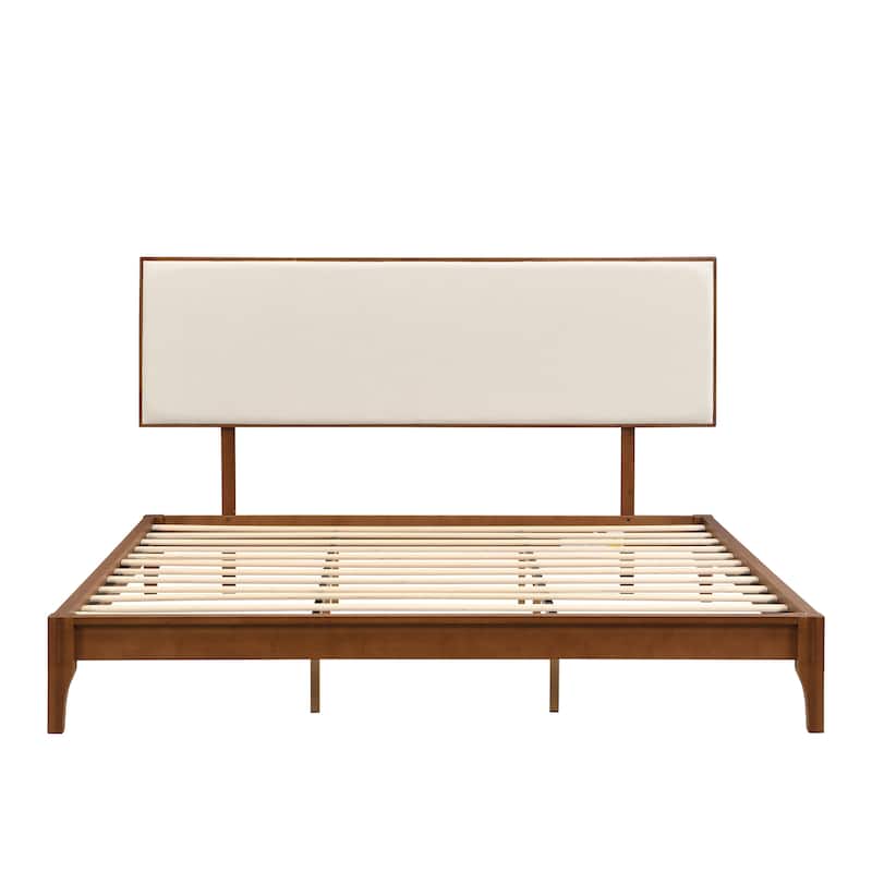 Solid Dry Bamboo Wood Platform Bed with Bamboo Frame, Upholstered Adjustable Headboard, Noise-Free Design, Easy Assembly