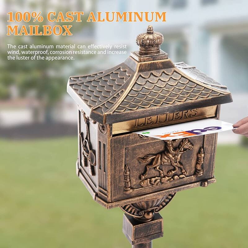 Retro Mid-century Aluminum Cast Mailbox with Post and Keys, Locking Residential Rust-Proof Security Postal Mailboxes