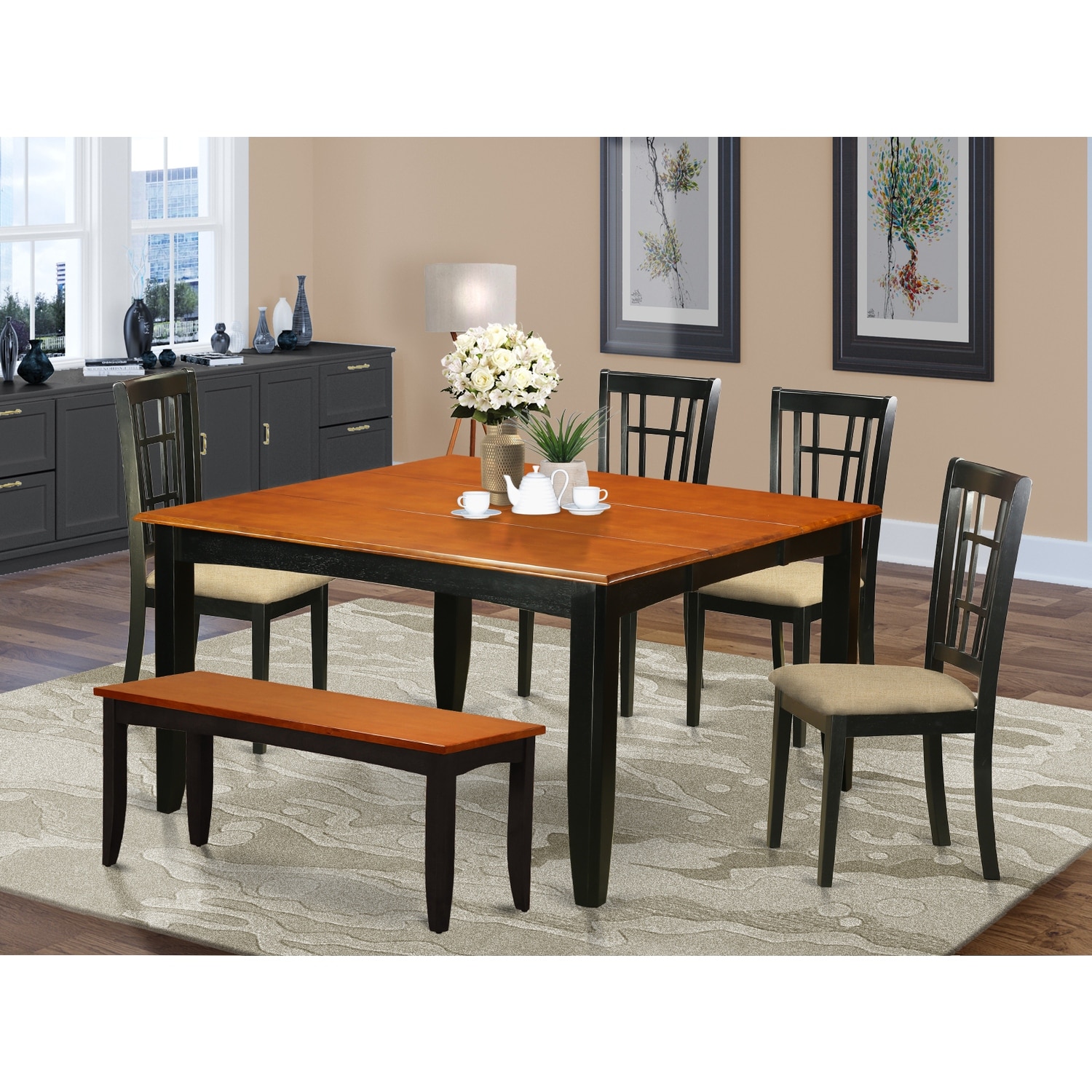 HomeStock 6-Piece Square Black & Cherry Finish Solid Wood Top dining Table with 1-Bench and 4-Chairs