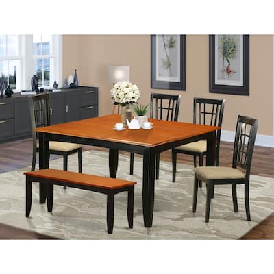 HomeStock 6-Piece Square Black & Cherry Finish Solid Wood Top dining Table with 1-Bench and 4-Chairs with Lattice Back