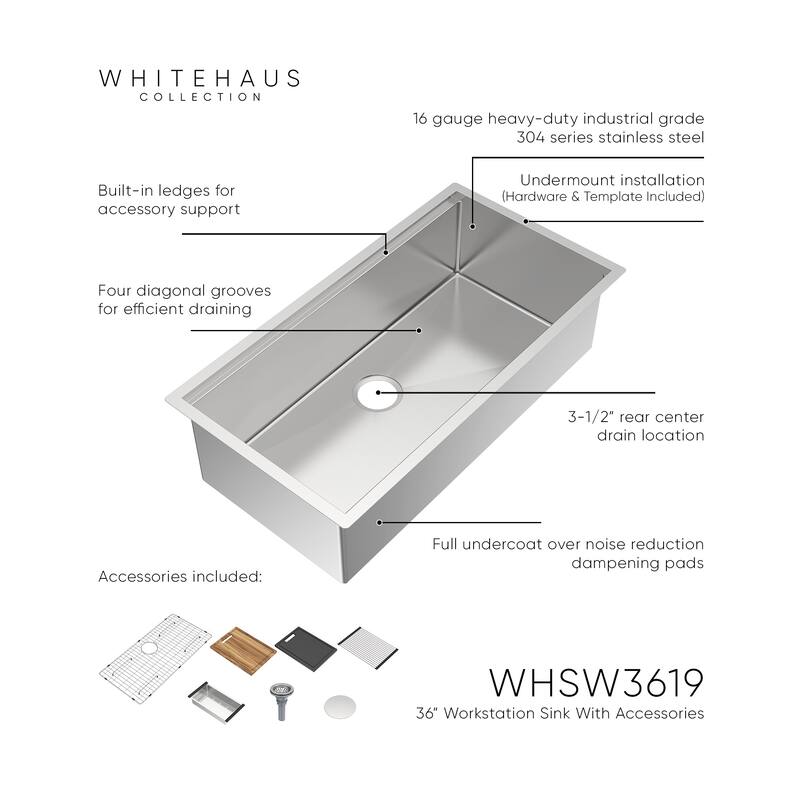 Whitehaus Undermount Single Bowl 16 Gauge Brushed Stainless Steel Workstation Sink With Accessories