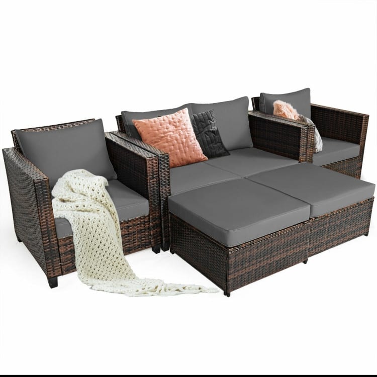 5 Pieces Patio Cushioned Rattan Furniture Set - 50" x 30.5" x 29" (L x W x H)