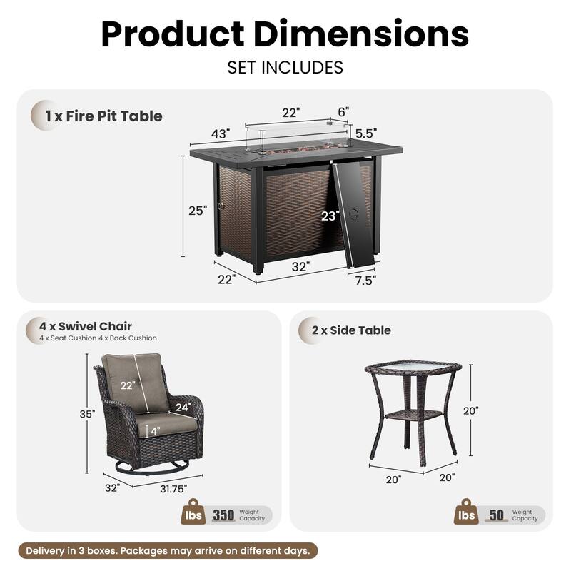 Gymojoy 7-Piece Outdoor Wicker Set with 4 Swivel Rockers & 55,000 BTU Fire Pit Table for Patio