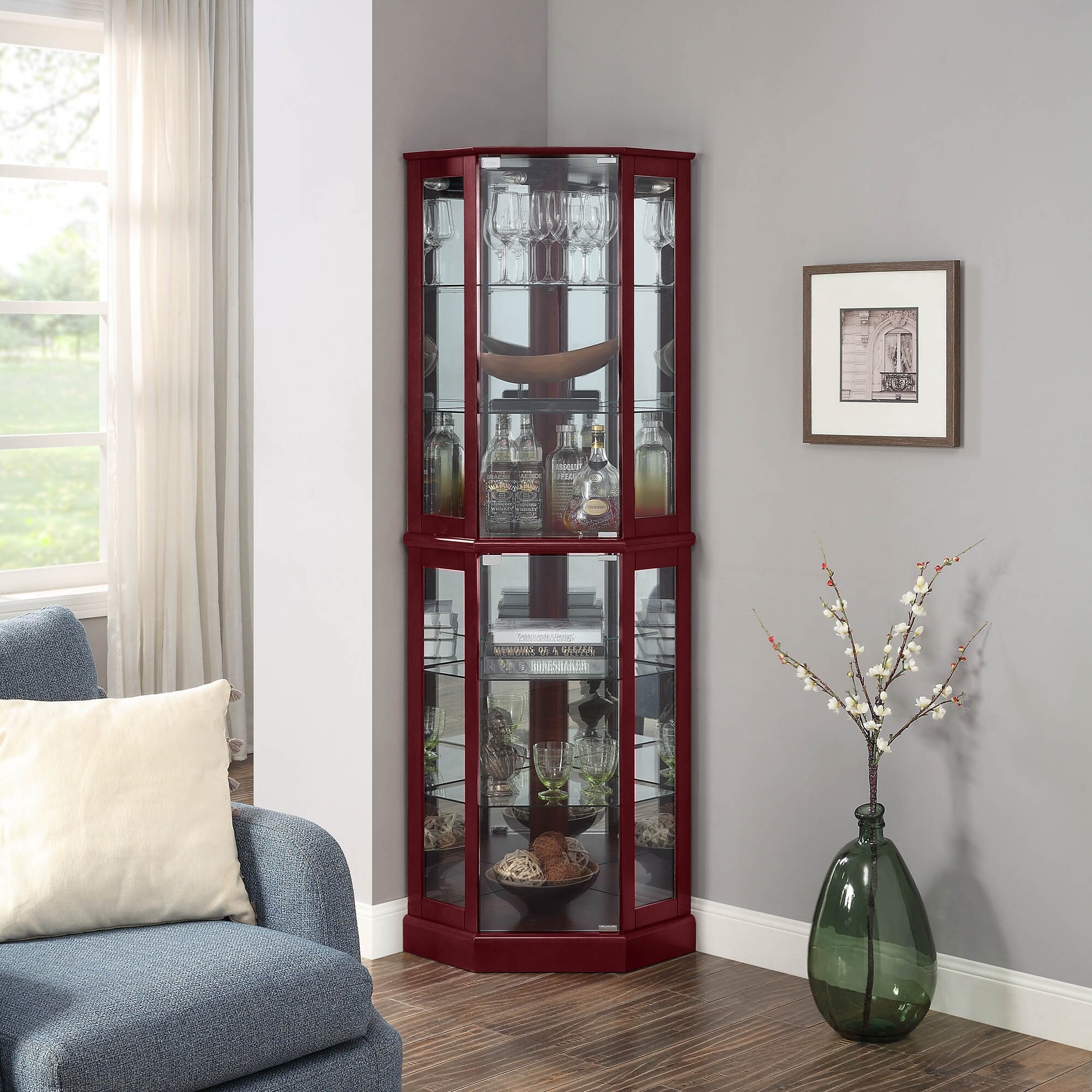 Shop Belleze Ashfield Wood Glass Curio Cabinet Floor Standing Cherry Standard On Sale Overstock 31315710