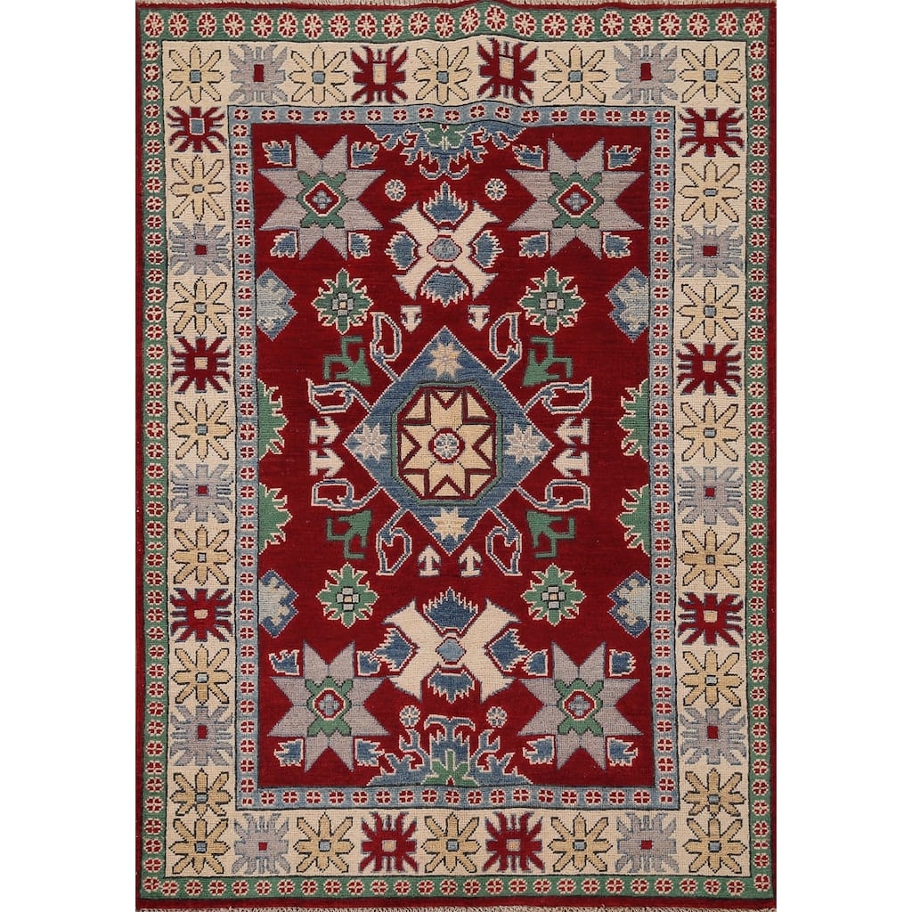 Red Kazak Oriental Rug Hand-Knotted Wool Carpet - 4'0" x 5'8"