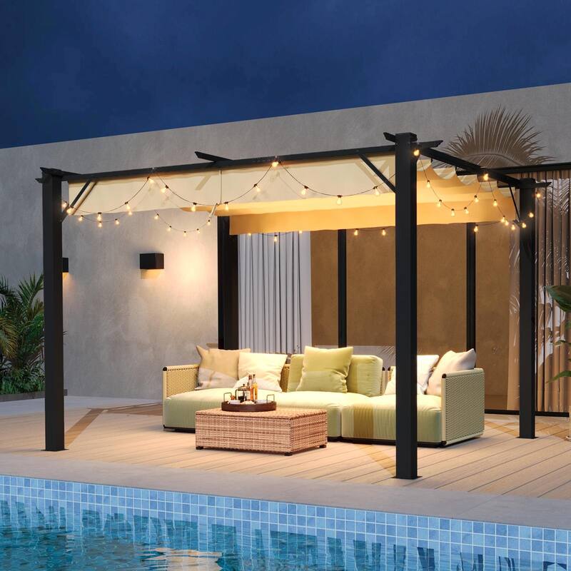 Metal Patio Pergola with Brown Sun Shade Cover for Backyard