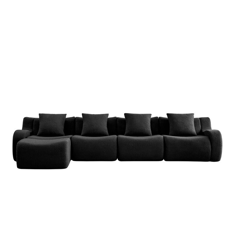 Oversized Sectional Sofa with Ottoman for Living Room, 118" Modern Floor Teddy Fabric Sofa L-Shape Couch with 4 Throw Pillows
