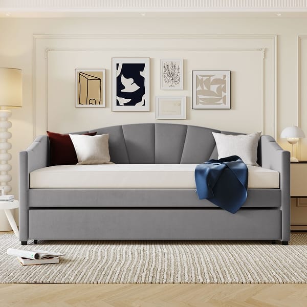 slide 2 of 16, Twin Size Velvet Daybed Frame with Trundle - Grey Grey- Trundle - Twin