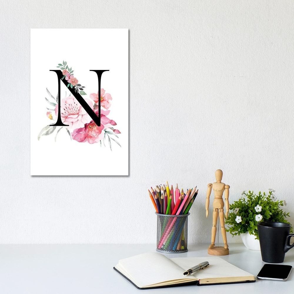 iCanvas "'N' Initial Monogram With Watercolor Flowers" by Design Harvest Canvas Print