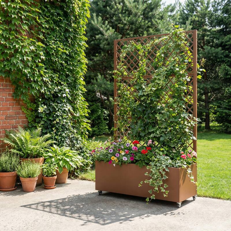 Raised Garden Bed Planter with Trellis Movable Planter Box with Lockable Wheels