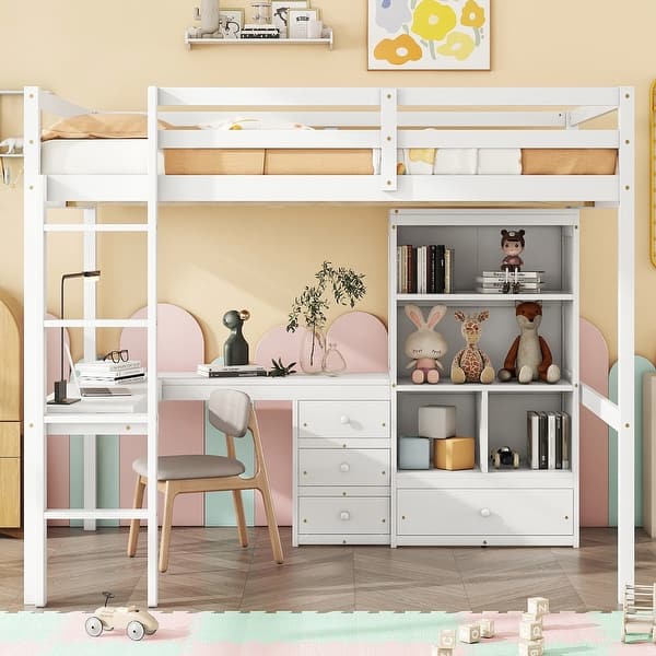 slide 2 of 13, Full Size High Loft Bed w/ L-Shaped Desk, Storage Cabinets & Drawers, White White - Full