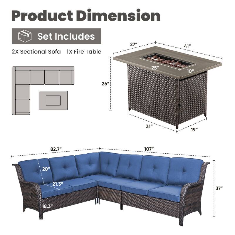 Gymojoy 2-Piece Outdoor Wicker Patio Furniture with Fire Pit and L-shaped Sectional Sofa, Coversation Set with Thick Cushions