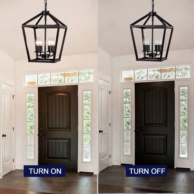 Farmhouse Lantern Chandelier 4-Light with Rustic Open Cage and Adjustable Hanging Height