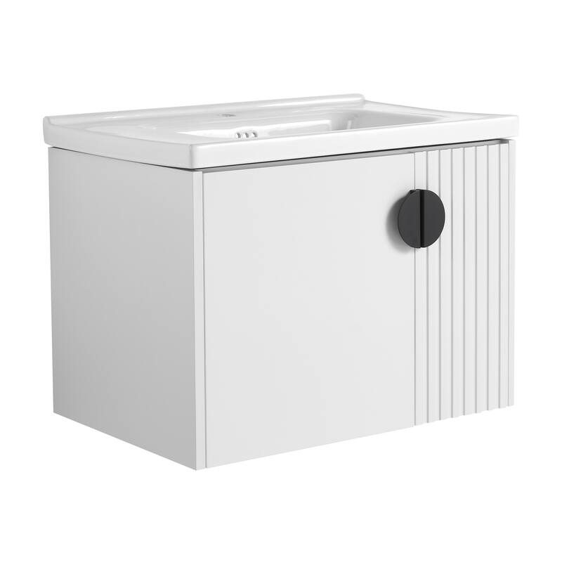 Wall-Mounted Bathroom Vanity with Ceramic Sink, Soft-Close Doors, Unique 3D Wave Design, and Metal Handles - 27.75in L Plywood