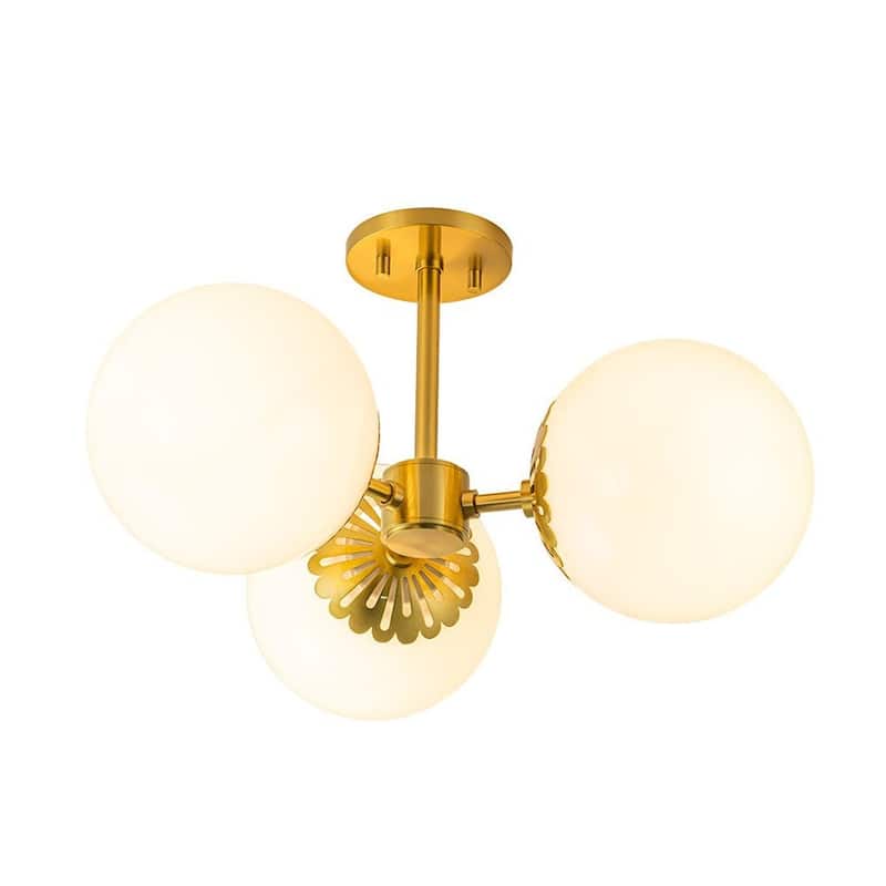 3-Light Mid-century Modern Opal Glass Globe Semi-flush Mount - Brass
