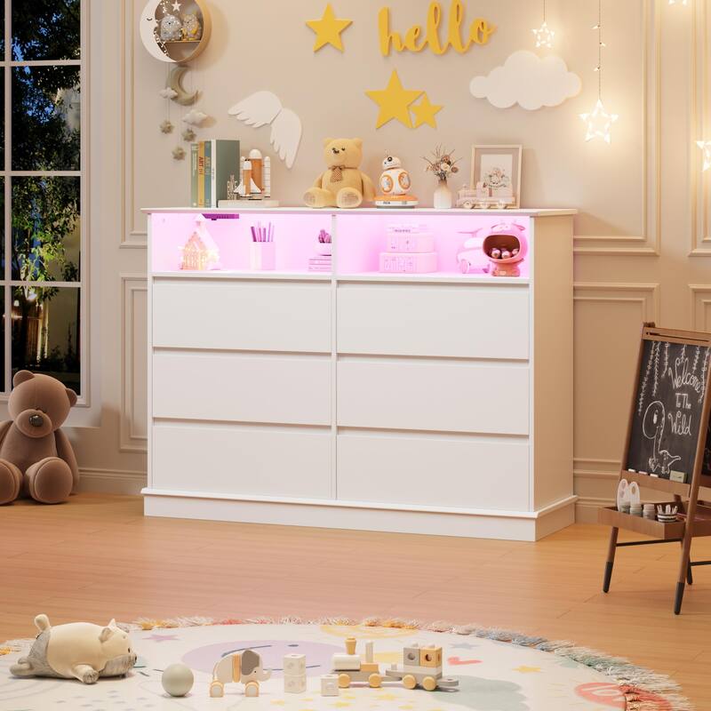 6 Drawer Dresser with LED Lights & Charging Station, Modern Chest of Drawers with Open Shelf