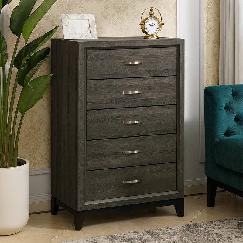 5 Drawer Wooden Chest with Grain Details and Chamfered Feet, Gray